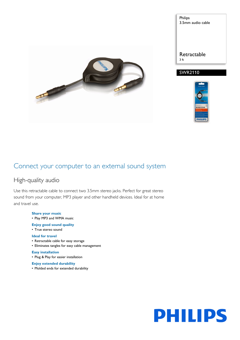 Philips 3.5mm audio cable SWR2110 Retractable 3 ft User Manual | 2 pages