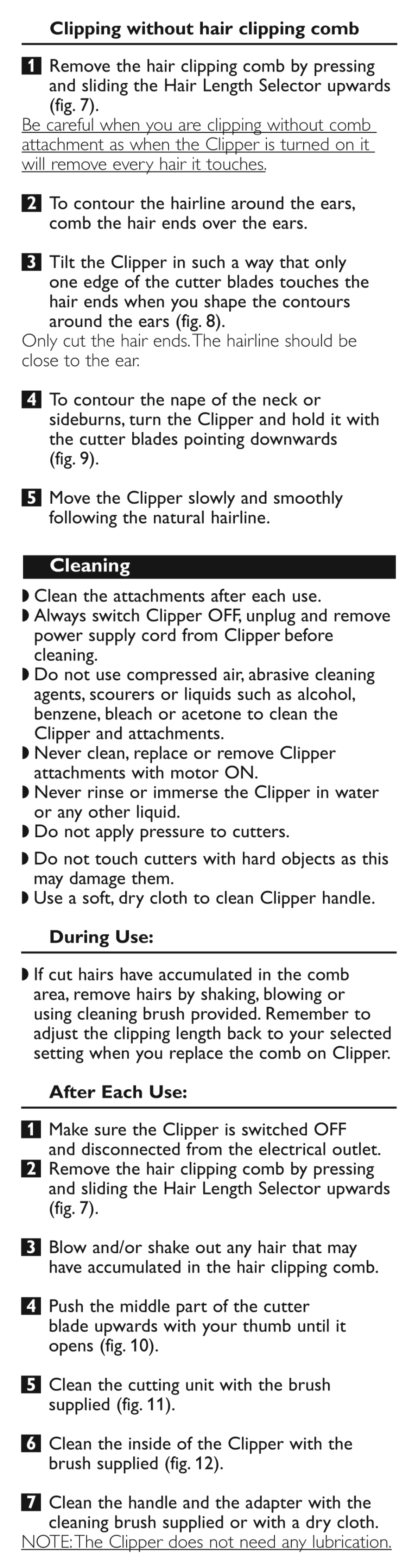 Cleaning, After each use | Philips Hair clipper QC5130 With adjustable comb User Manual | Page 7 / 9