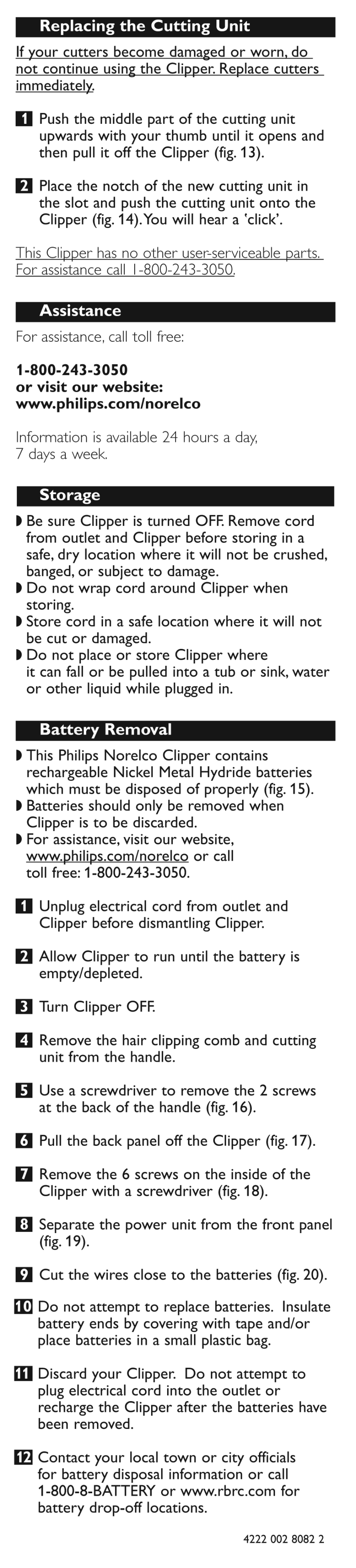 Replacing the cutting unit, Assistance, Storage | Battery removal | Philips Hair clipper QC5130 With adjustable comb User Manual | Page 8 / 9