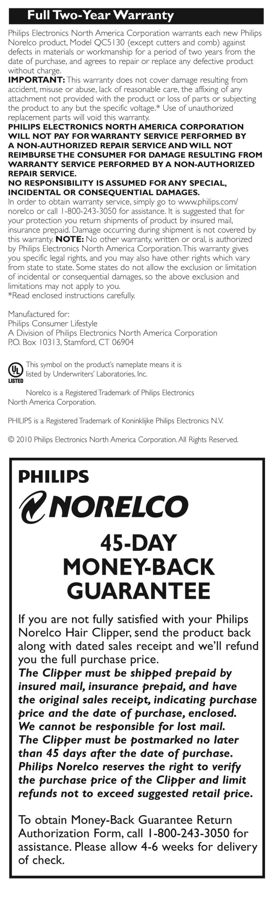 Norelco, Day money-back guarantee, Philips | Full two-year warranty | Philips Hair clipper QC5130 With adjustable comb User Manual | Page 9 / 9