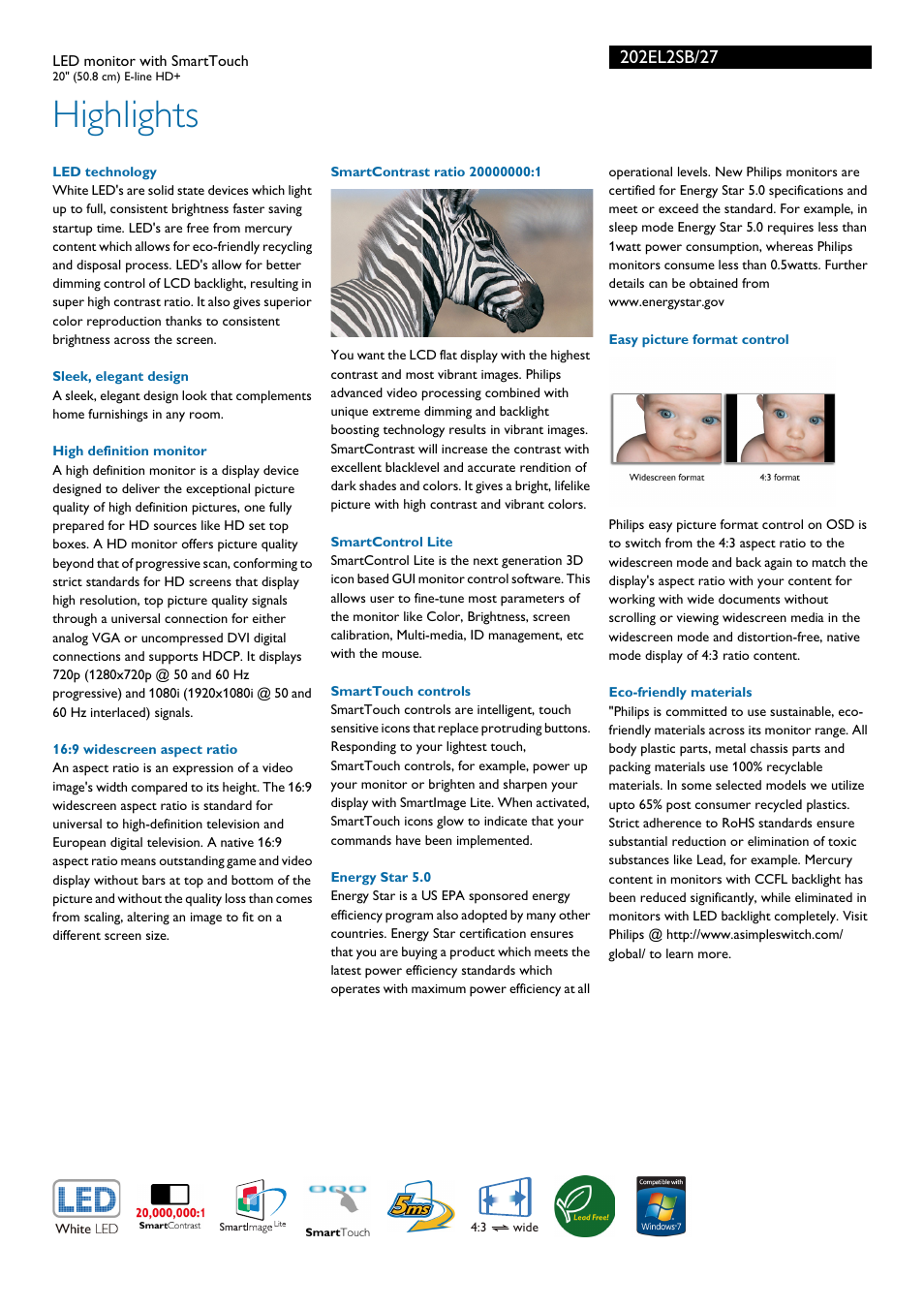 Highlights | Philips 202EL2SB-27 User Manual | Page 2 / 3