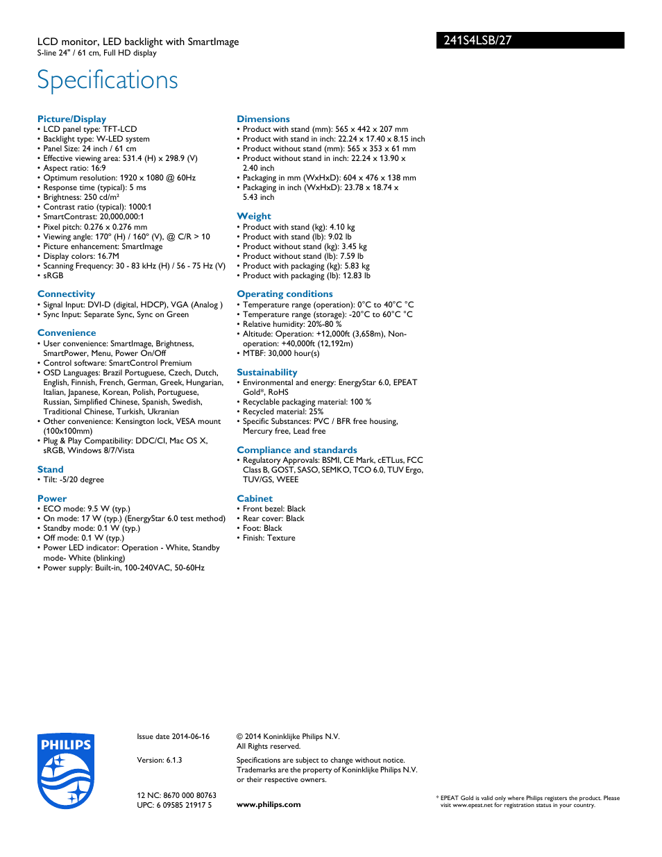 Specifications | Philips 241S4LSB-27 User Manual | Page 3 / 3