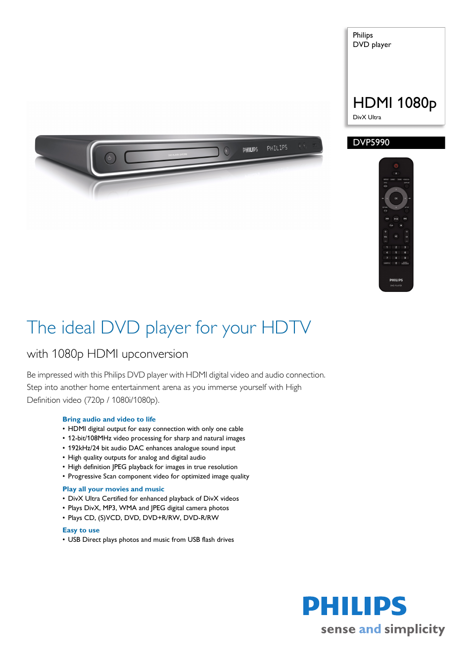 Philips DVD player DVP5990 HDMI 1080p DivX Ultra User Manual | 3 pages