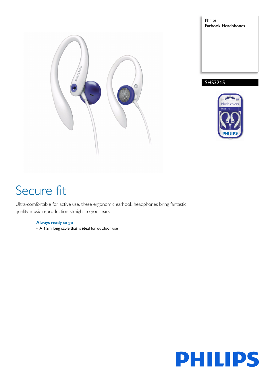 Philips Earhook Headphones SHS3215 User Manual | 2 pages