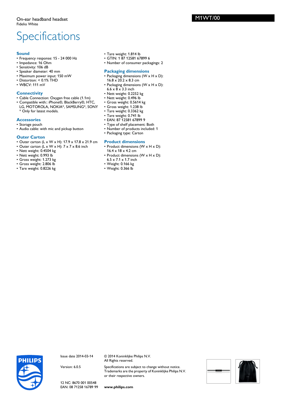Specifications, M1wt/00 | Philips M1WT-00 User Manual | Page 3 / 3