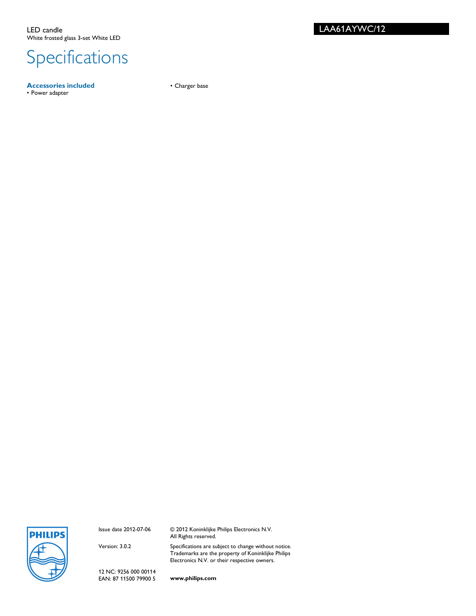 Specifications, Laa61aywc/12 | Philips LAA61AYWC-12 User Manual | Page 2 / 2