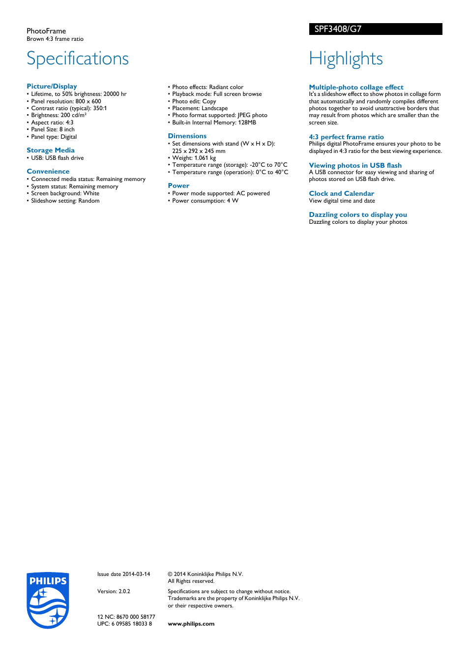 Specifications, Highlights | Philips SPF3408-G7 User Manual | Page 2 / 2