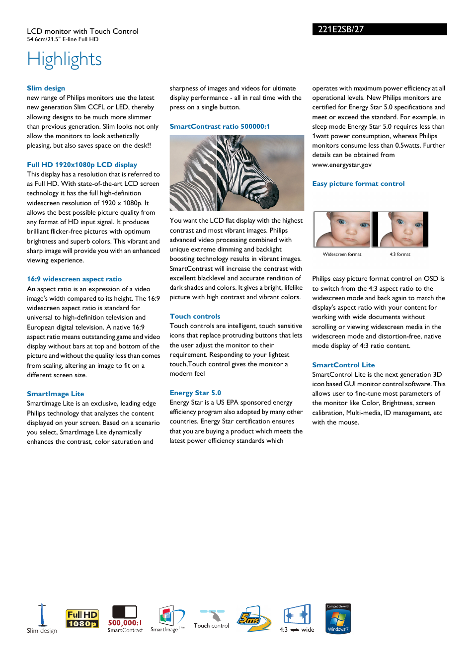 Highlights | Philips 221E2SB-27 User Manual | Page 2 / 3