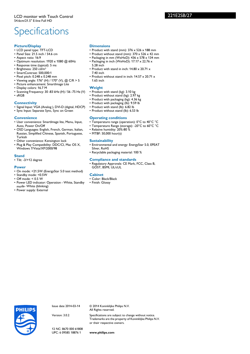 Specifications | Philips 221E2SB-27 User Manual | Page 3 / 3