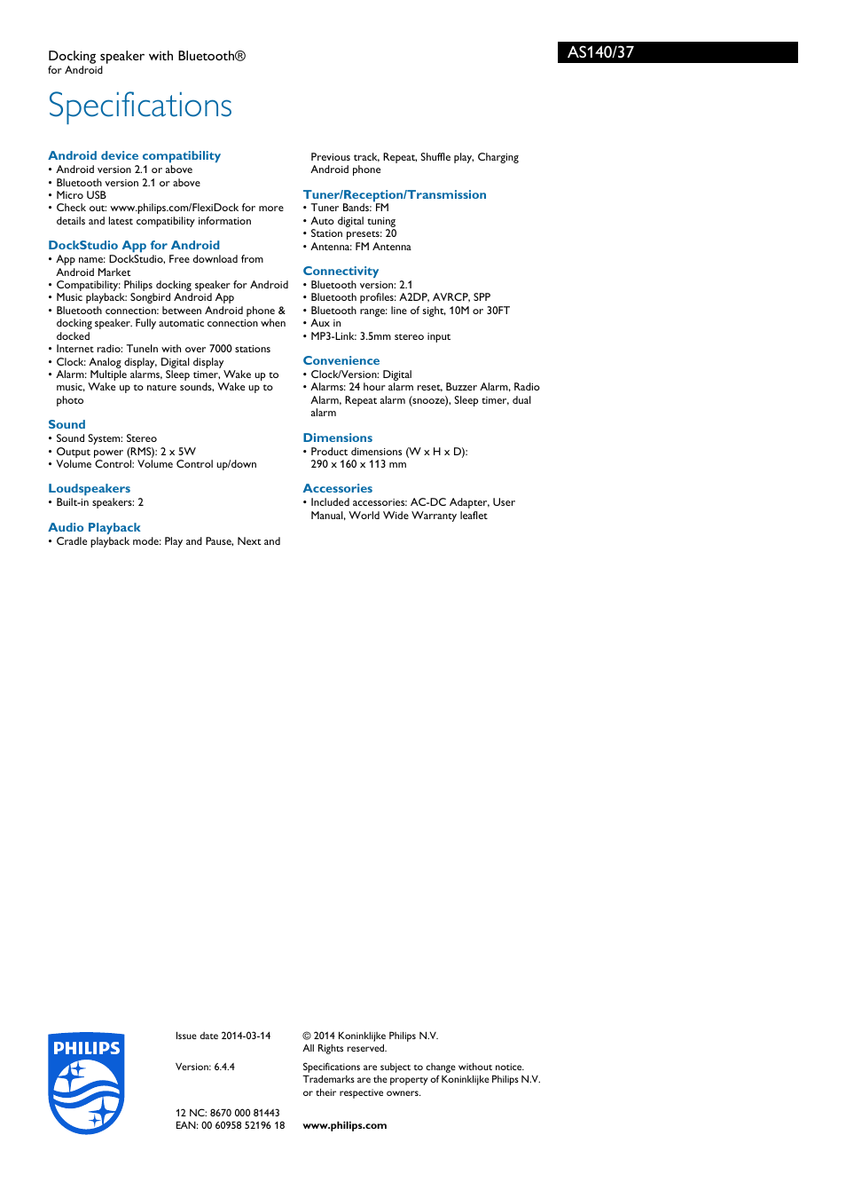 Specifications | Philips AS140-37 User Manual | Page 3 / 3