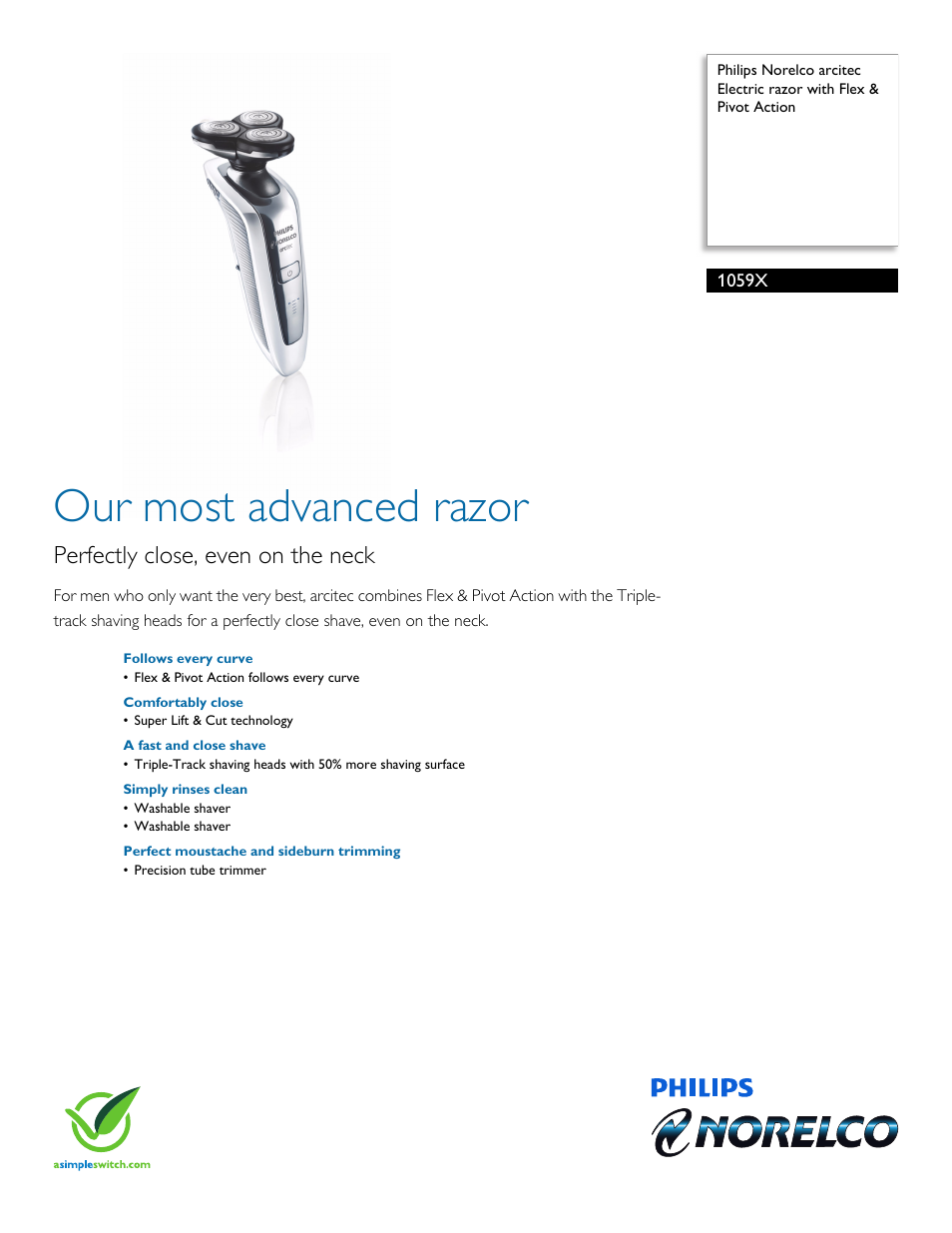 Philips Norelco arcitec Electric razor 1059X with Flex & Pivot Action User Manual | 2 pages