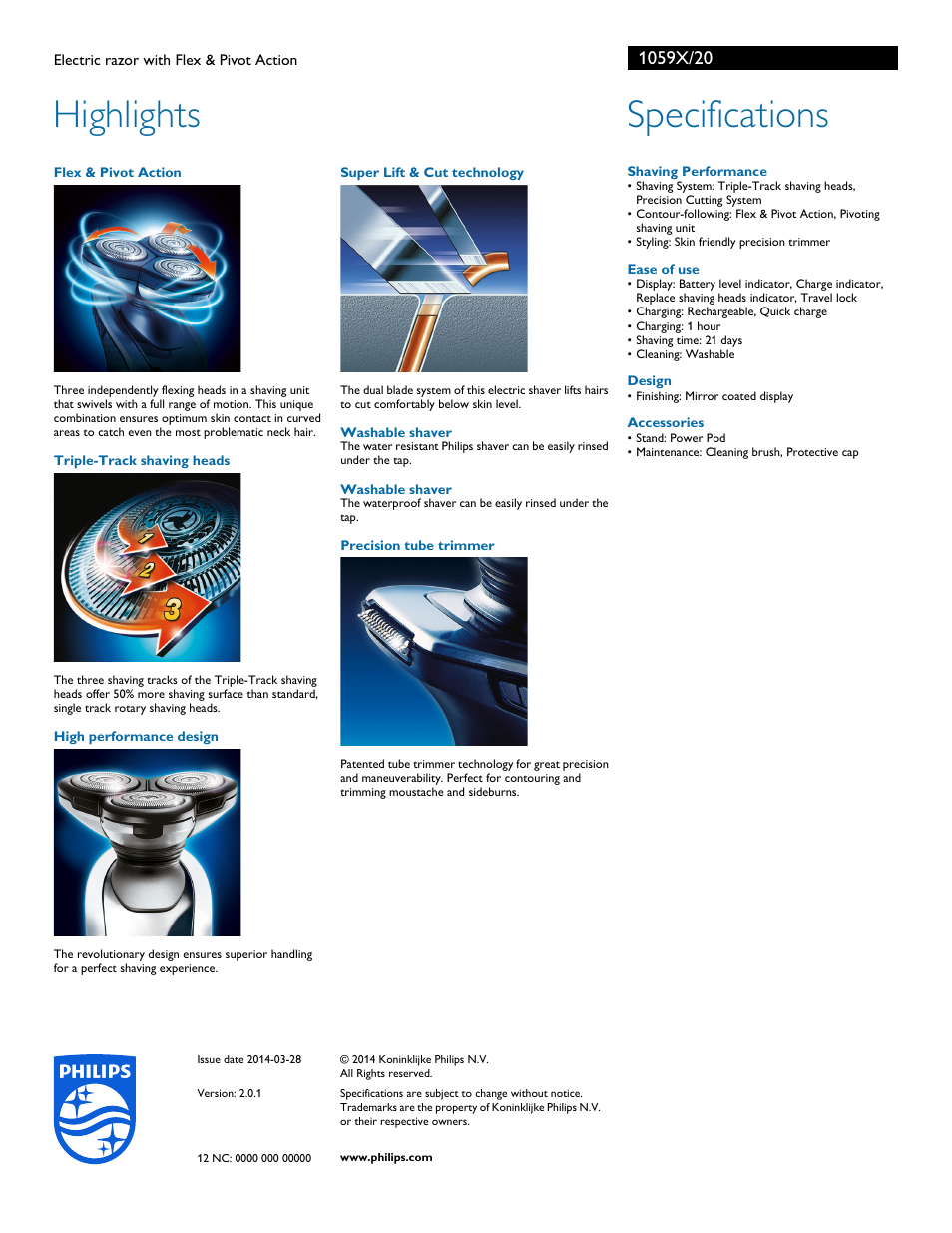 Highlights, Specifications | Philips Norelco arcitec Electric razor 1059X with Flex & Pivot Action User Manual | Page 2 / 2