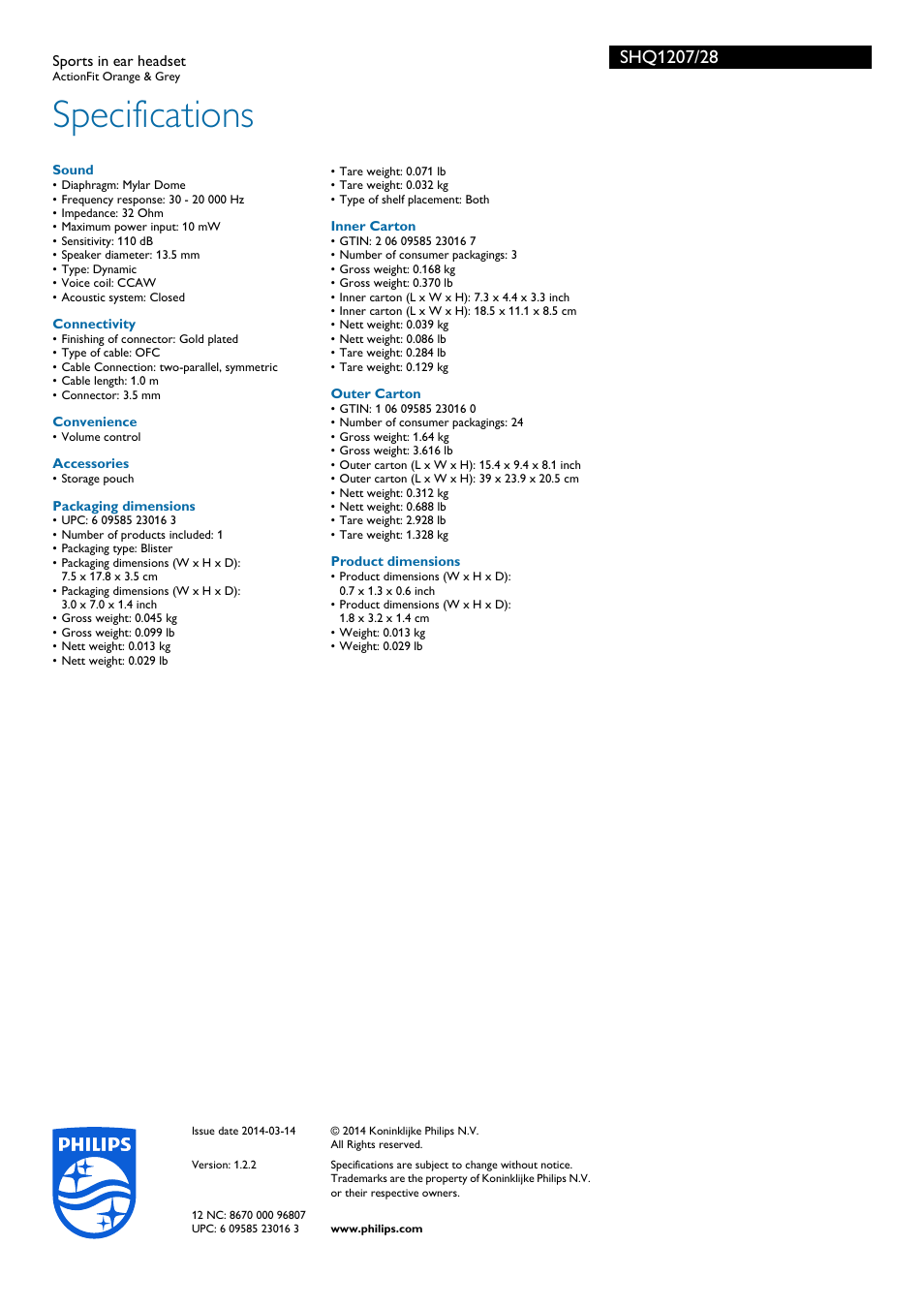 Specifications | Philips SHQ1207-28 User Manual | Page 3 / 3