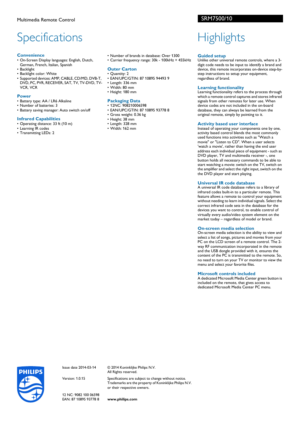 Specifications, Highlights | Philips SRM7500-10 User Manual | Page 2 / 2