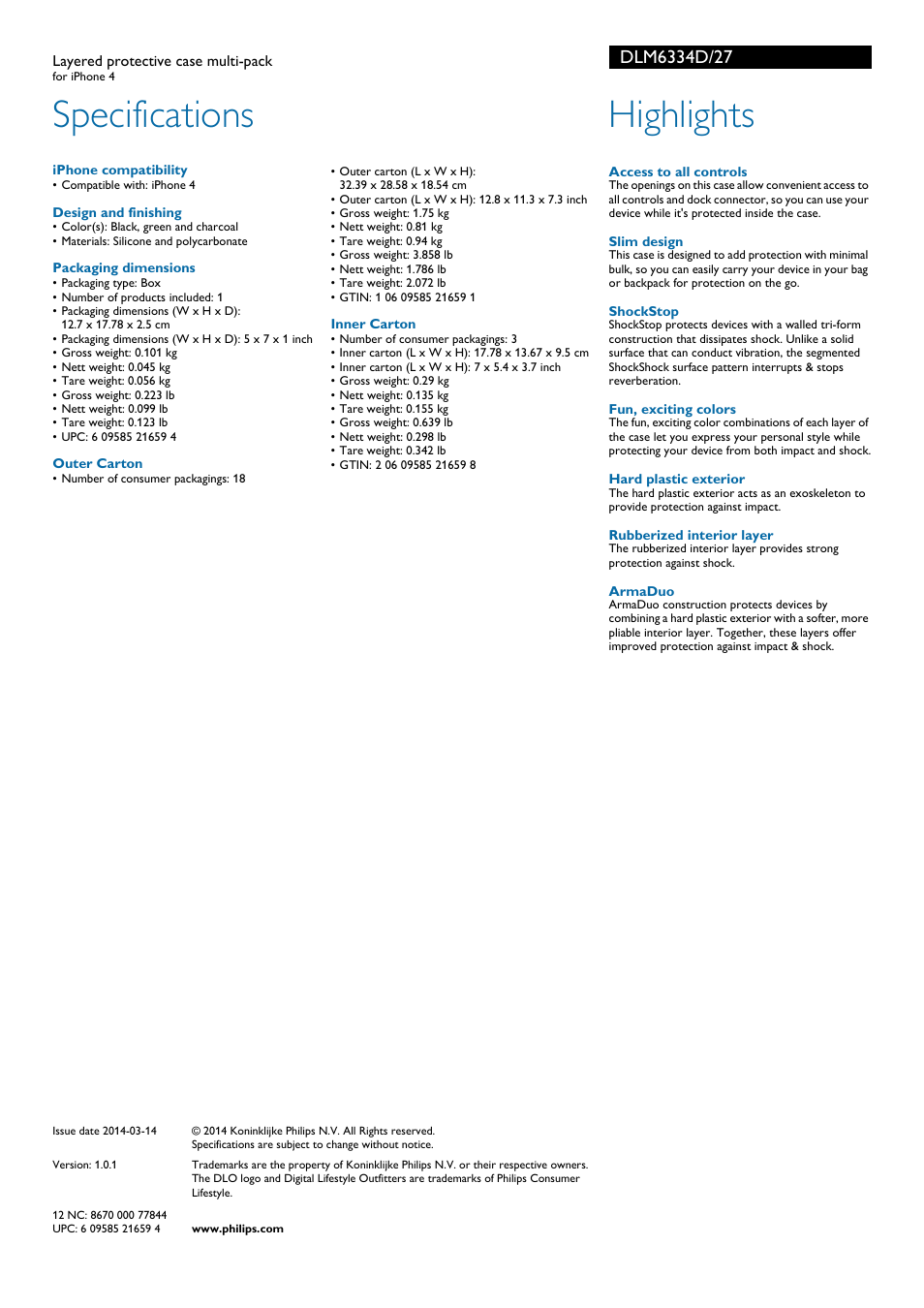 Specifications, Highlights | Philips DLM6334D-27 User Manual | Page 2 / 2