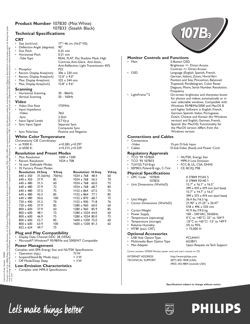 107b, Scanning, Video | White color temperature, Resolution and preset modes, Plug and play compatibility, Power management, Low-emission characteristics, Monitor controls and functions, Connections and cables | Philips 107B3014 User Manual | Page 2 / 2