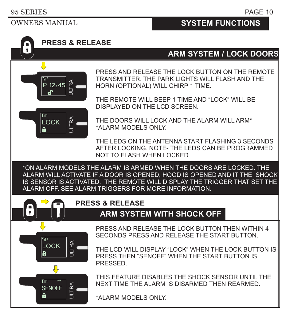 Lock senoff lock, P 12:45 unlock, Unlock | Arm system / lock doors arm system with shock off, P 12:45, System functions, D-lock, Press & release, Page 10 95 series owners manual, Page 11 95 series owners manual | Ultra Start 3295 User Manual | Page 10 / 24