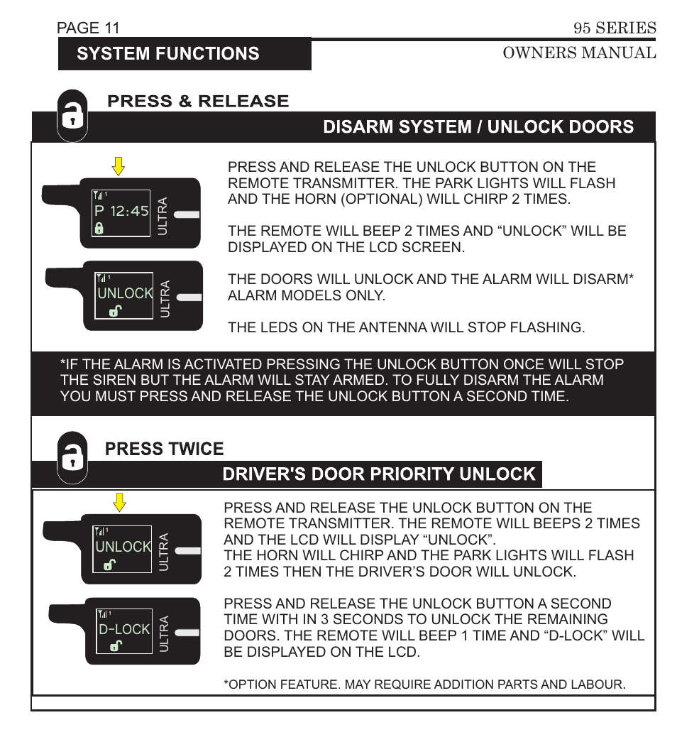 Lock senoff lock, P 12:45 unlock, Unlock | Arm system / lock doors arm system with shock off, P 12:45, System functions, D-lock, Press & release, Page 10 95 series owners manual, Page 11 95 series owners manual | Ultra Start 3295 User Manual | Page 11 / 24