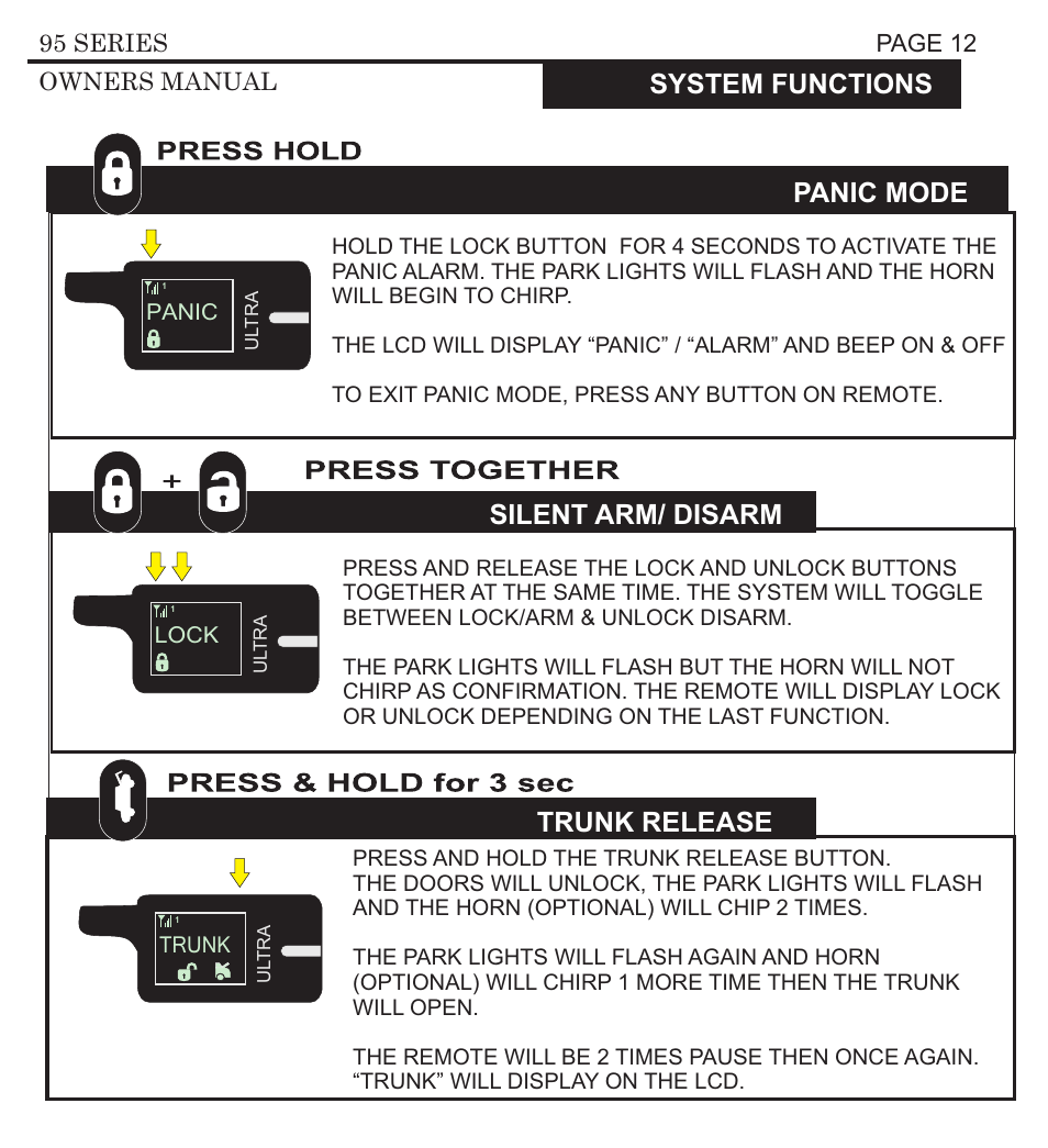 Panic, Lock, Trunk | Aux 1 aux 2, Panic mode silent arm/ disarm trunk release, System functions, Aux 1 output aux 2 output, Cold start/ temp mode, Page 12 95 series owners manual, Temp | Ultra Start 3295 User Manual | Page 12 / 24