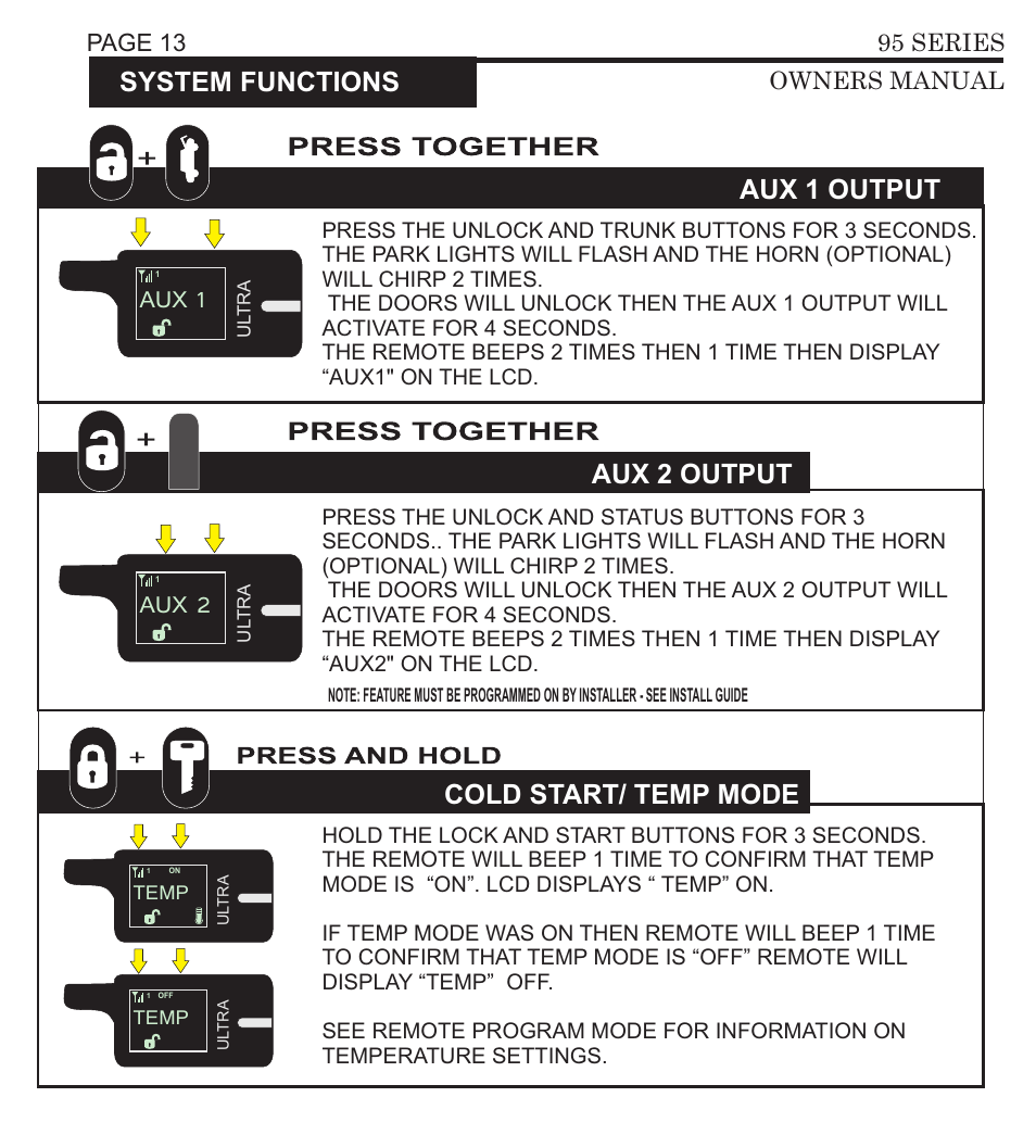 Panic, Lock, Trunk | Aux 1 aux 2, Panic mode silent arm/ disarm trunk release, System functions, Aux 1 output aux 2 output, Cold start/ temp mode, Page 12 95 series owners manual, Temp | Ultra Start 3295 User Manual | Page 13 / 24