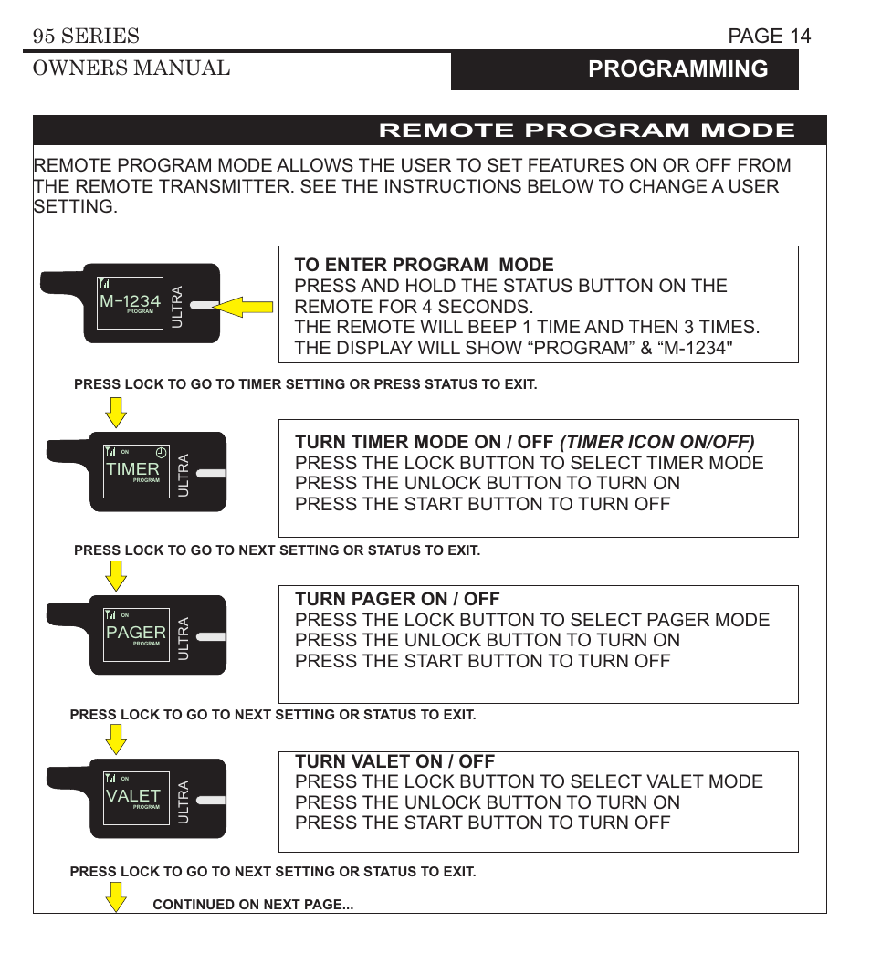 Programming, M-1234, Timer | Pager, Valet, Car 1, Shock, Horn, Page 14 95 series owners manual, Page 15 95 series owners manual | Ultra Start 3295 User Manual | Page 14 / 24