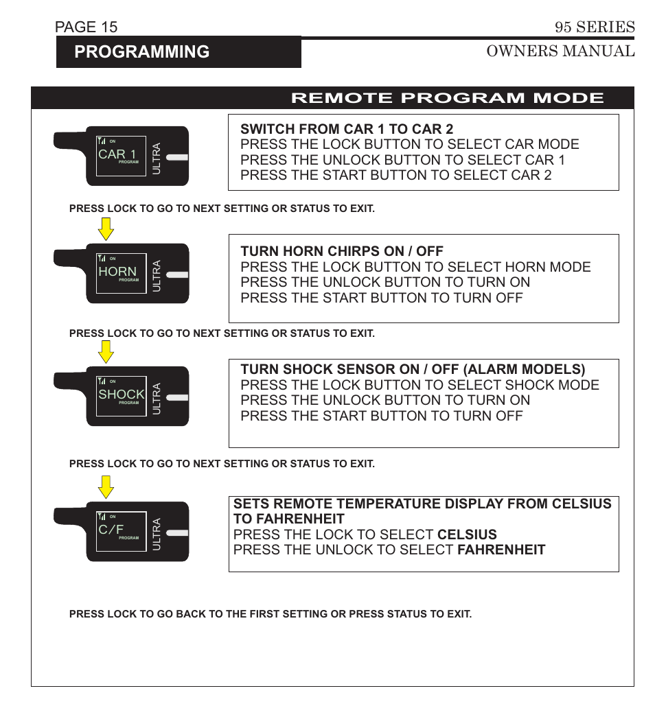 Programming, M-1234, Timer | Pager, Valet, Car 1, Shock, Horn, Page 14 95 series owners manual, Page 15 95 series owners manual | Ultra Start 3295 User Manual | Page 15 / 24