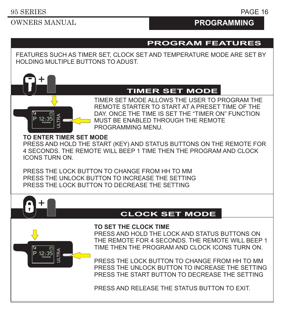 Programming, Shock sensor programming, P 12:35 | M-1234, Page 16 95 series owners manual, Page 17 95 series owners manual, Enter shock sensitivity programming | Ultra Start 3295 User Manual | Page 16 / 24