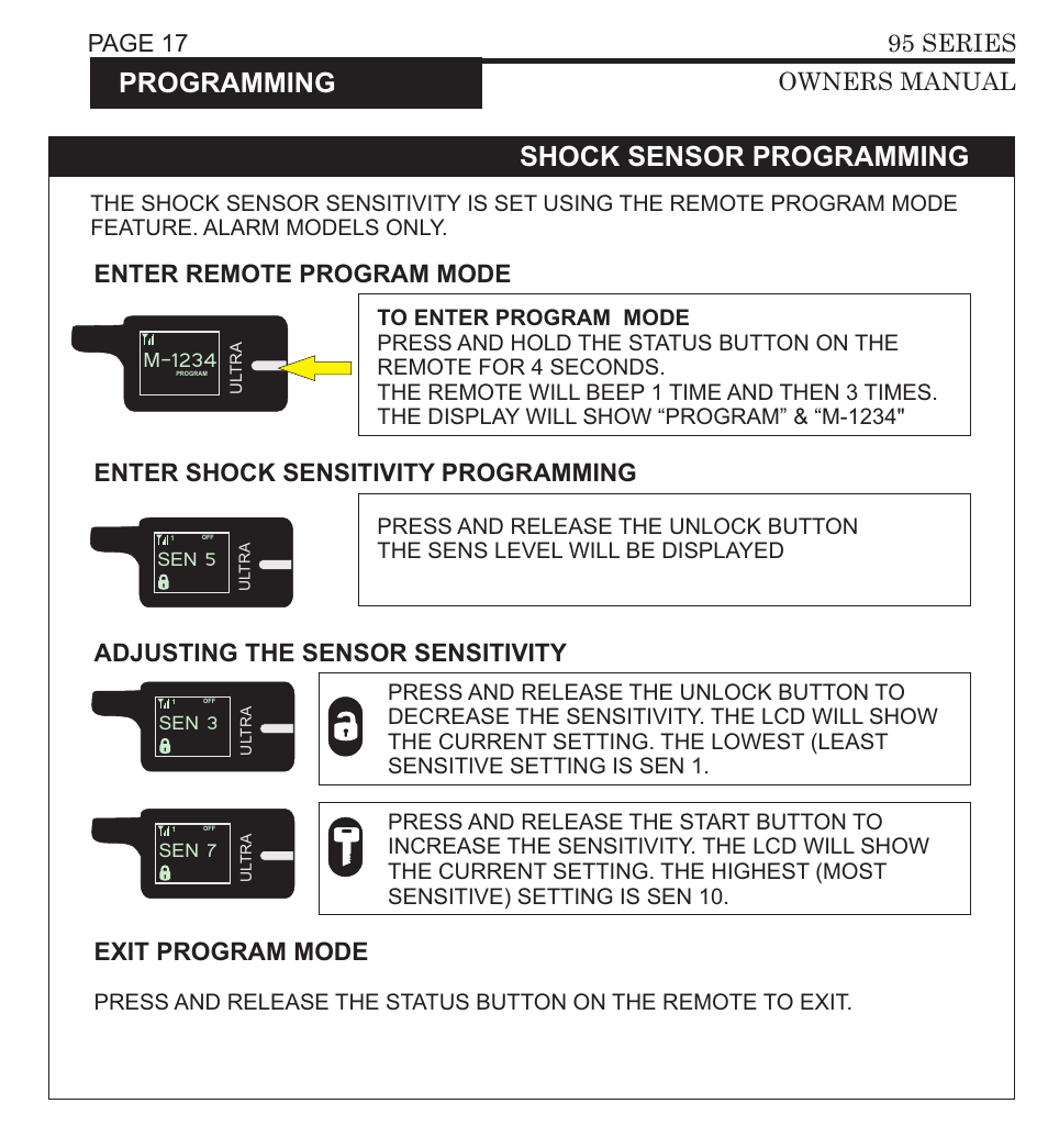Programming, Shock sensor programming, P 12:35 | M-1234, Page 16 95 series owners manual, Page 17 95 series owners manual, Enter shock sensitivity programming | Ultra Start 3295 User Manual | Page 17 / 24