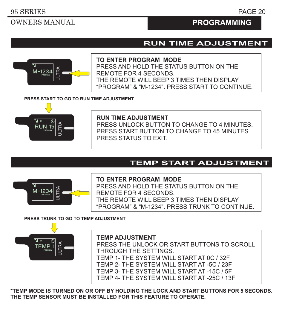 Programming, M-1234, Timer | Temp 1, Run 15, Page 20 95 series owners manual, Page 21 95 series owners manual, Activating valet mode/ emergency override | Ultra Start 3295 User Manual | Page 20 / 24