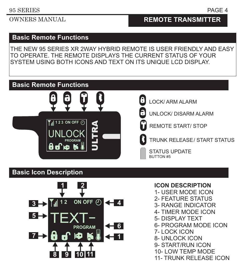 Text, Unlock, Lock unlock lock unlock panic lock | Unlock trunk, Ul tra | Ultra Start 3295 User Manual | Page 4 / 24