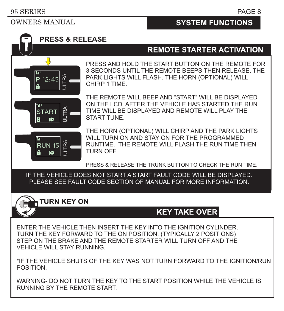 P 12:45, Start, Run 15 | Stop, System functions, Page 8 95 series owners manual, Page 9 95 series owners manual | Ultra Start 3295 User Manual | Page 8 / 24