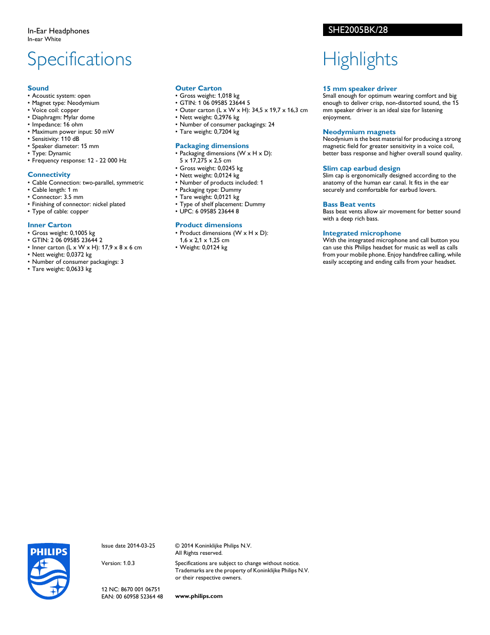 Specifications, Highlights | Philips SHE2005BK-28 User Manual | Page 2 / 2