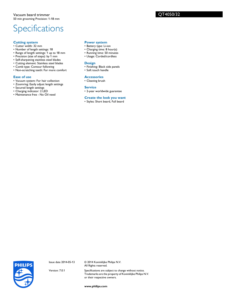 Specifications | Philips QT4050-32 User Manual | Page 3 / 3