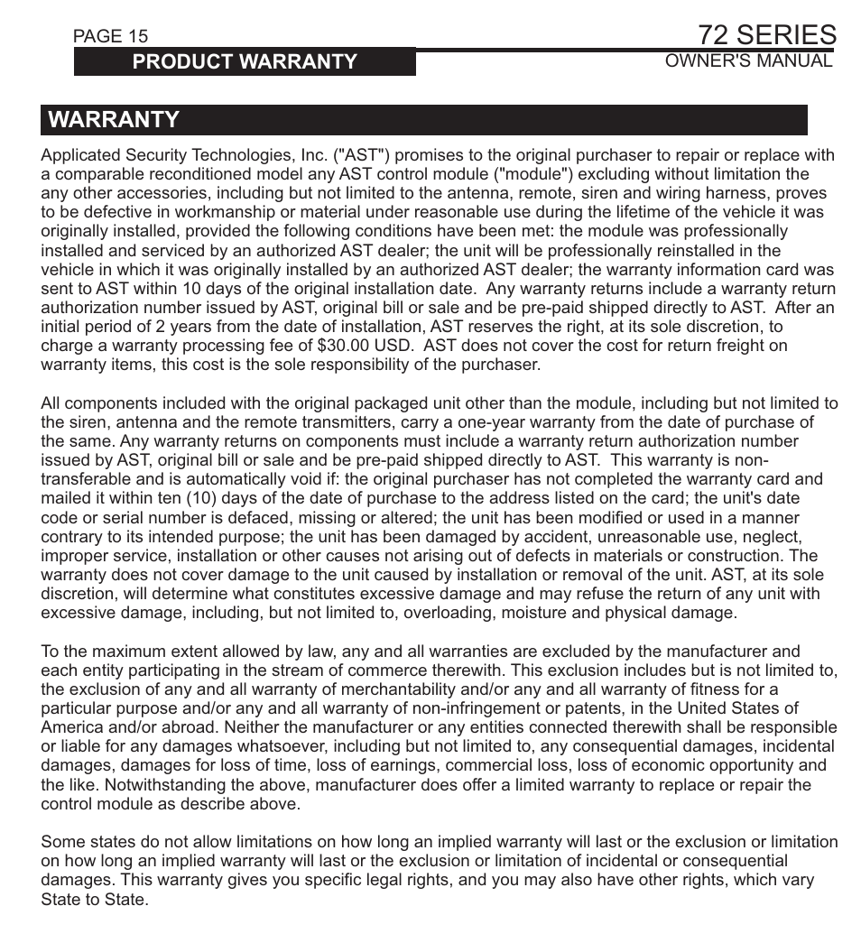 72 series, Diagnostics, Warranty | Ultra Start 72 SERIES 1172 User Manual | Page 15 / 16