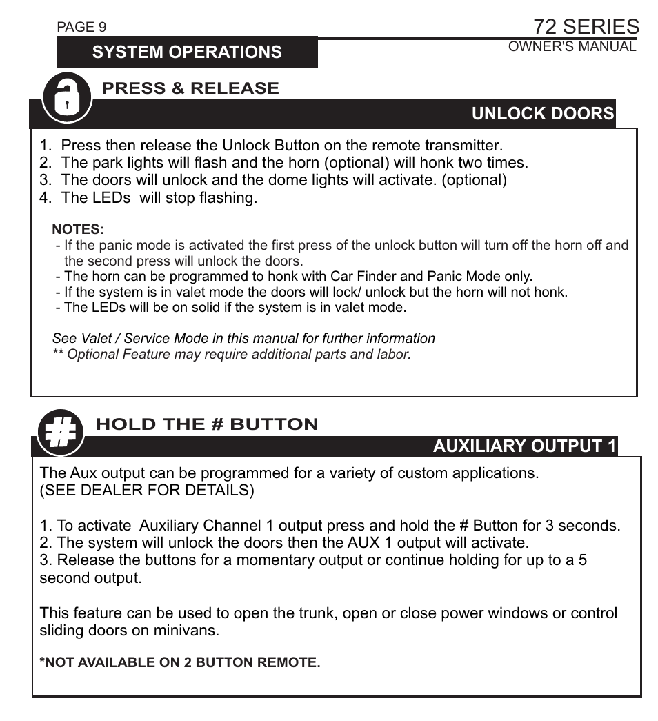 72 series, System operations unlock doors, Auxiliary output 1 | System operations trunk release, Lock doors | Ultra Start 72 SERIES 1172 User Manual | Page 8 / 16