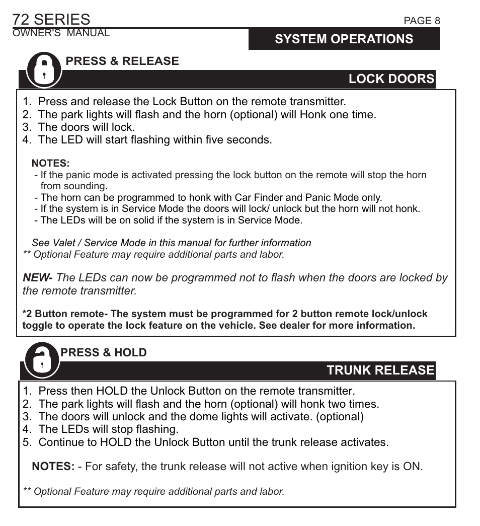 72 series, System operations unlock doors, Auxiliary output 1 | System operations trunk release, Lock doors | Ultra Start 72 SERIES 1172 User Manual | Page 9 / 16