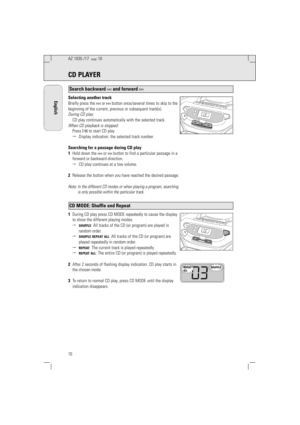 Cd player, Cd mode: shuffle and repeat, Search backward | And forward, The current track is played repeatedly | Philips AZ1035-17 User Manual | Page 10 / 42