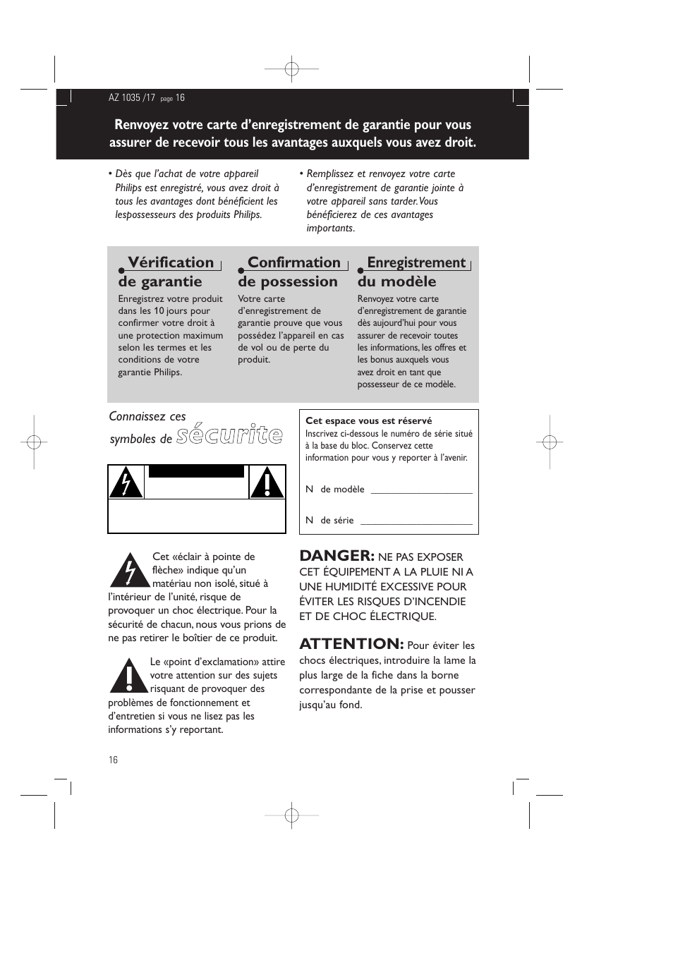 Sécurite, Vérification de garantie, Confirmation de possession | Enregistrement du modèle, Danger, Attention | Philips AZ1035-17 User Manual | Page 16 / 42