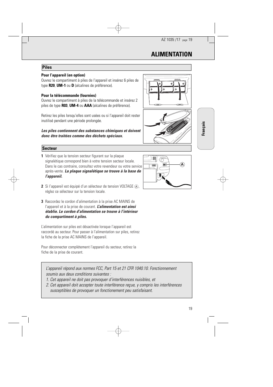 Alimentation | Philips AZ1035-17 User Manual | Page 19 / 42