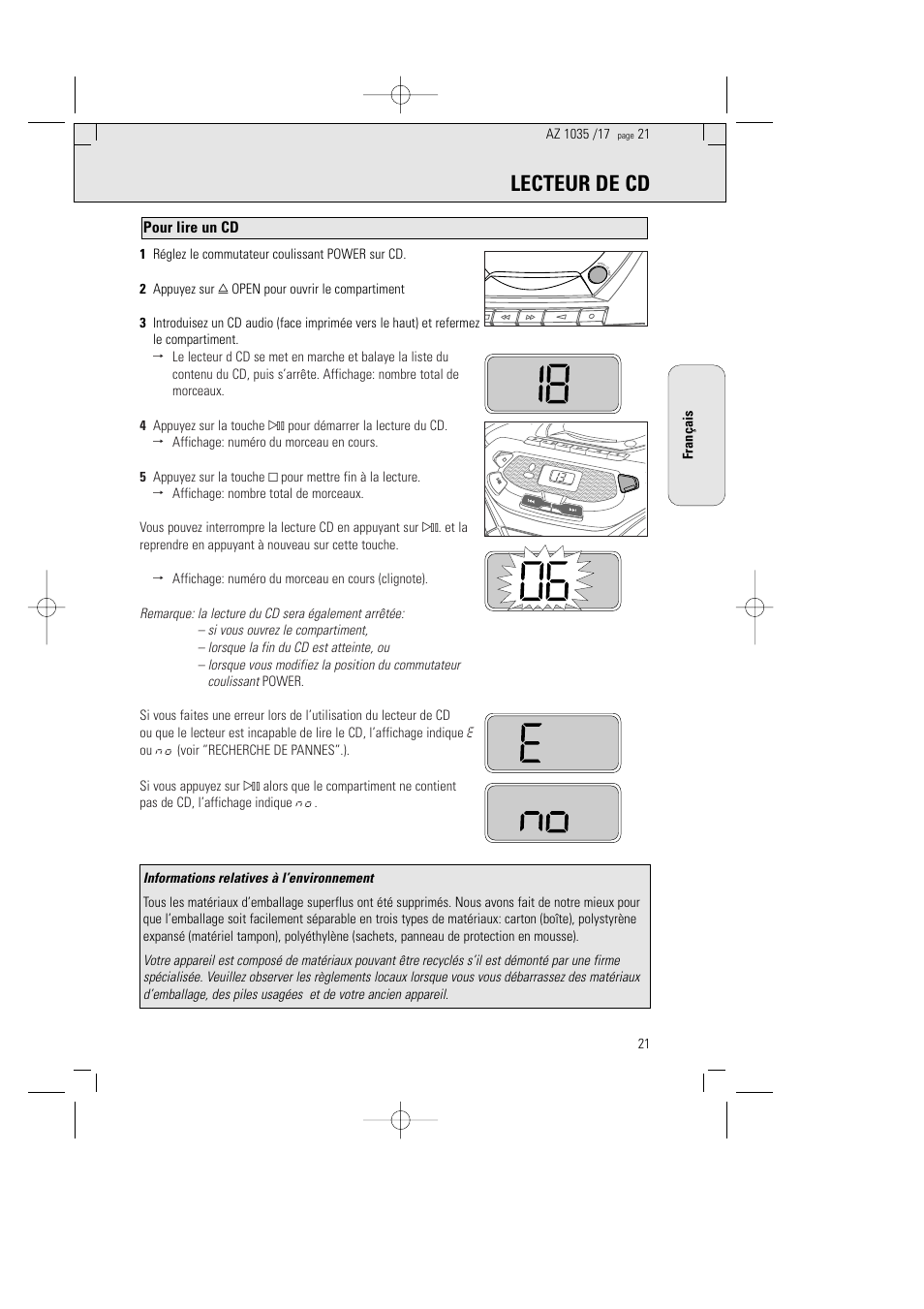 Lecteur de cd, Pour lire un cd | Philips AZ1035-17 User Manual | Page 21 / 42