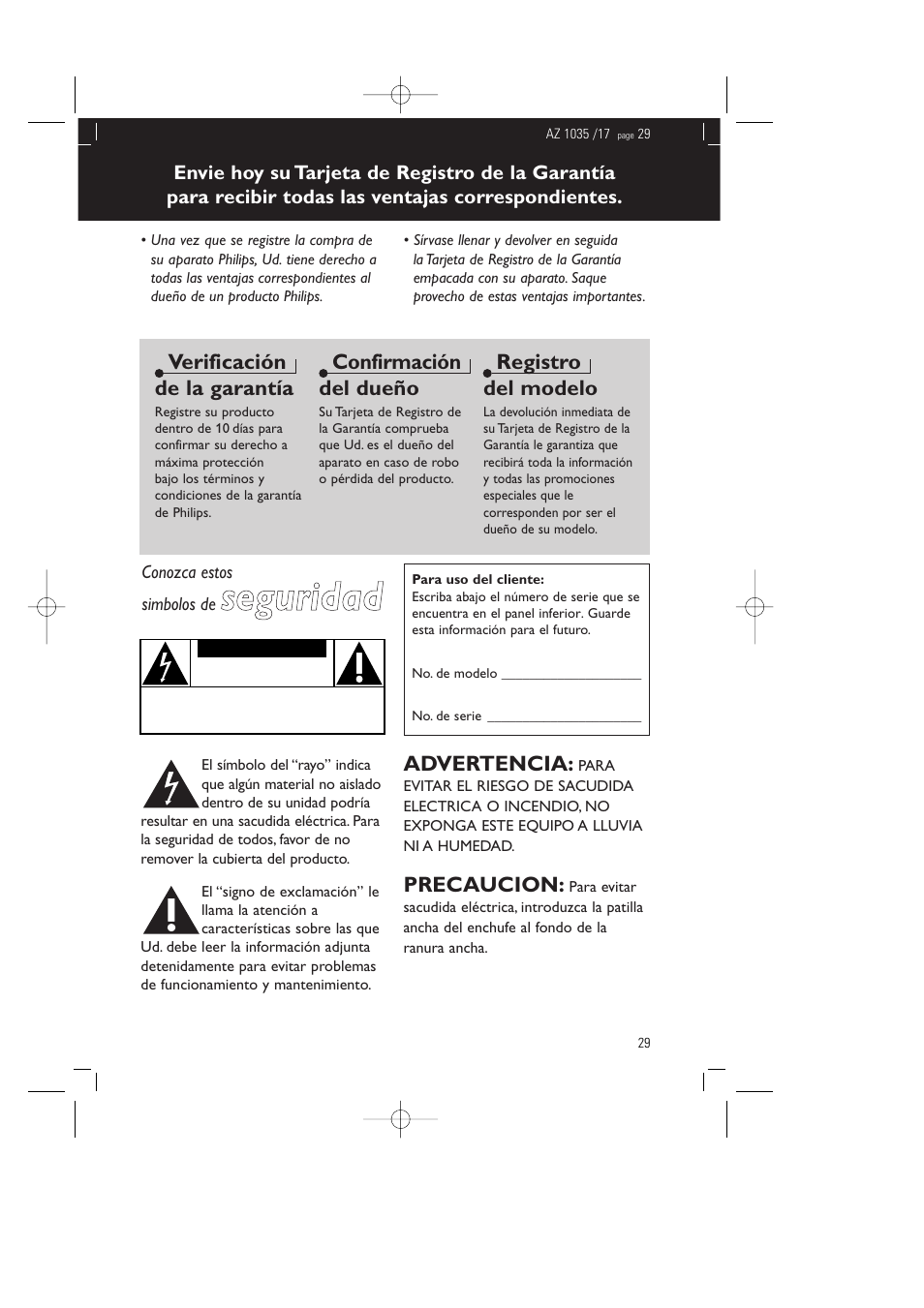 Seguridad, Verificación de la garantía, Confirmación del dueño | Registro del modelo, Advertencia, Precaucion | Philips AZ1035-17 User Manual | Page 29 / 42