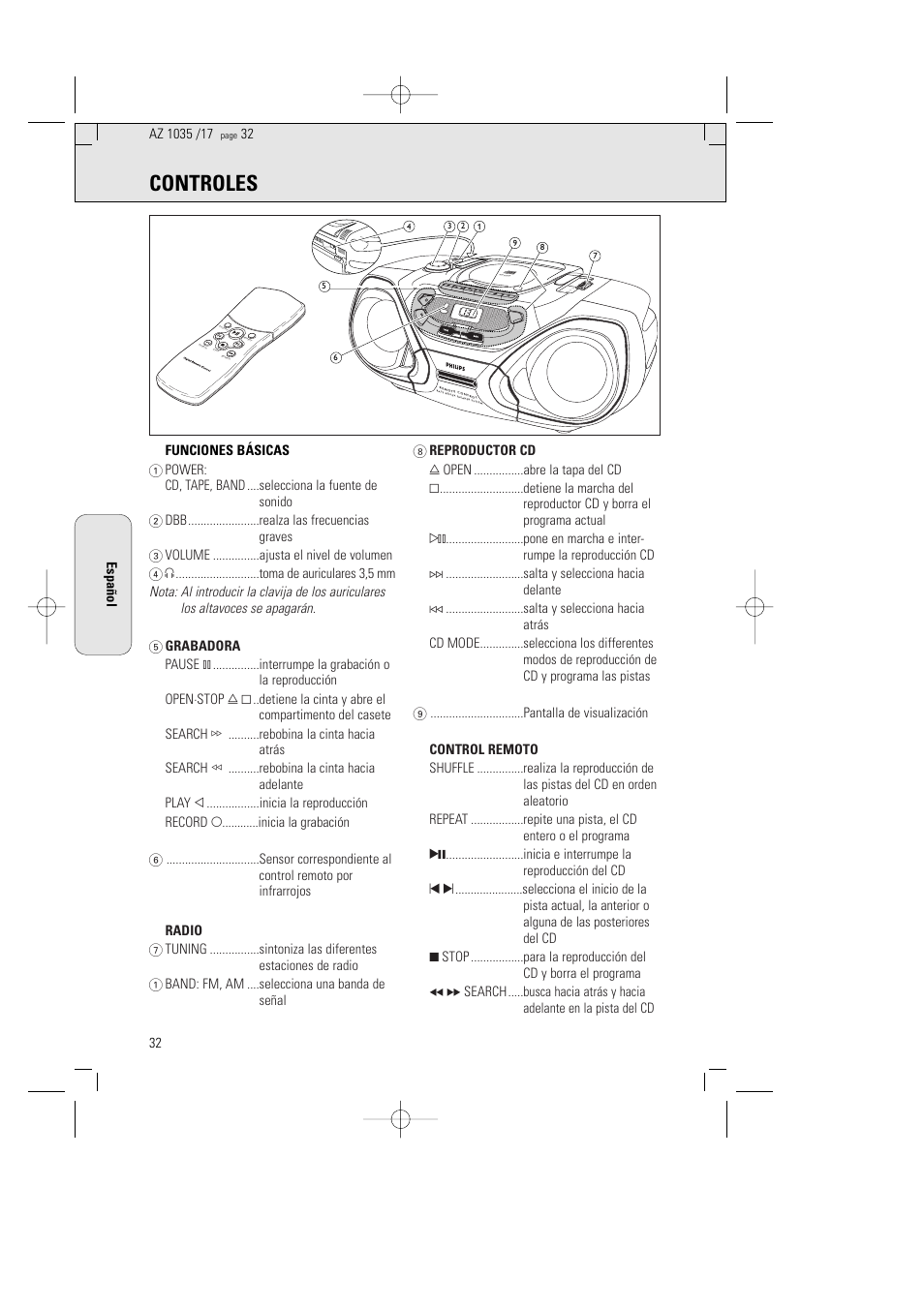 Controles | Philips AZ1035-17 User Manual | Page 32 / 42