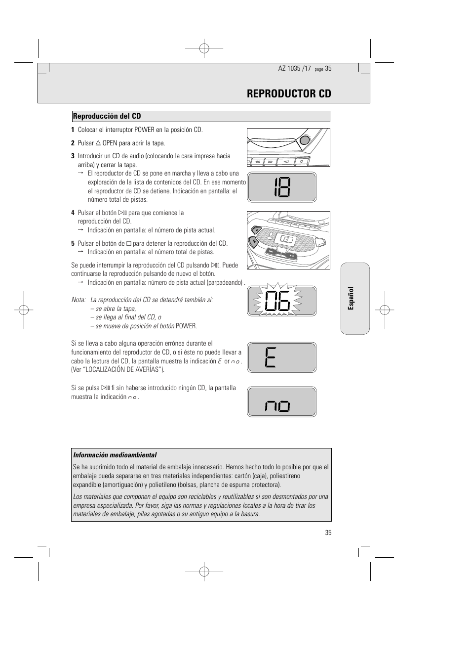 Reproductor cd, Reproducción del cd | Philips AZ1035-17 User Manual | Page 35 / 42