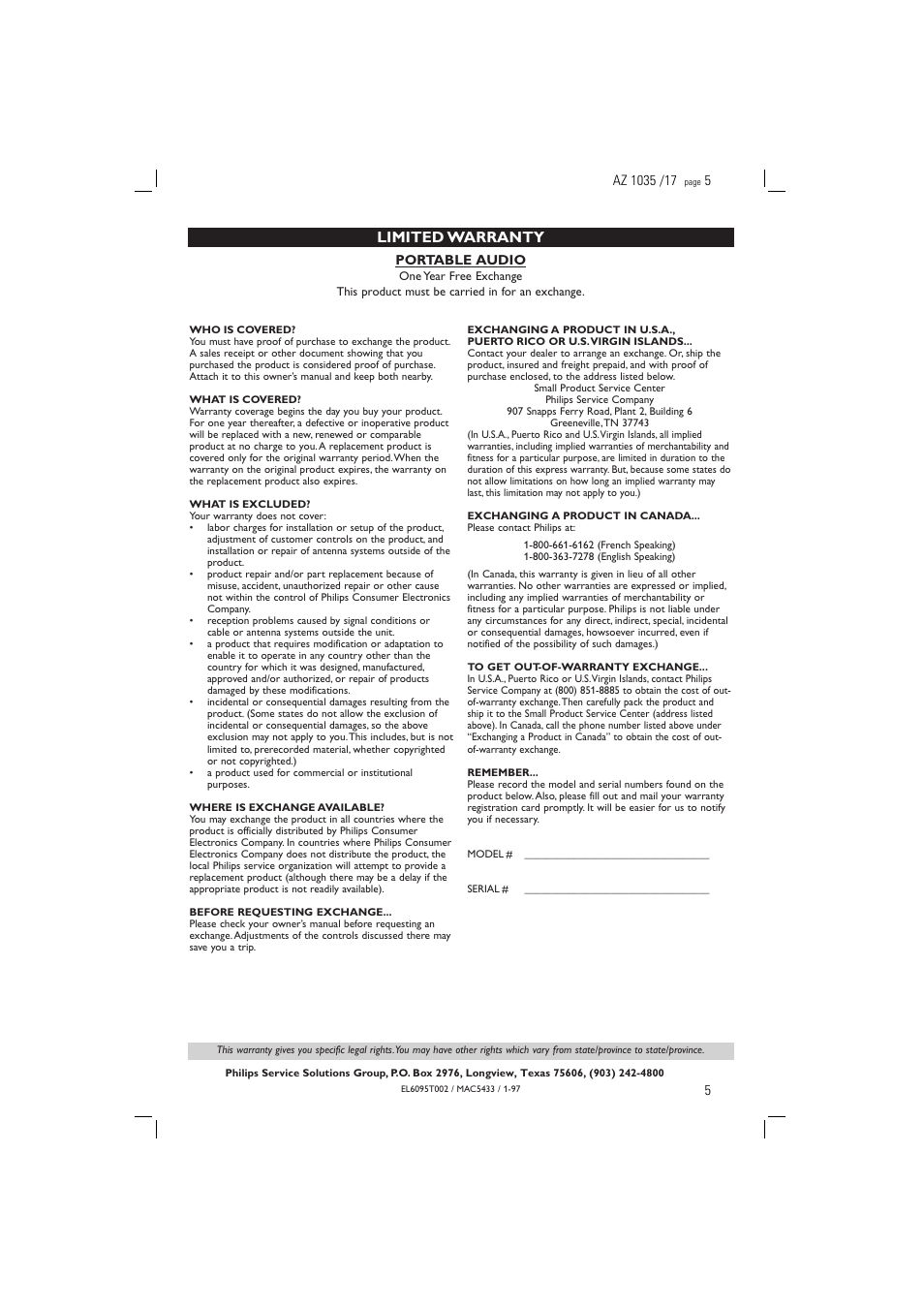 Limited warranty | Philips AZ1035-17 User Manual | Page 5 / 42