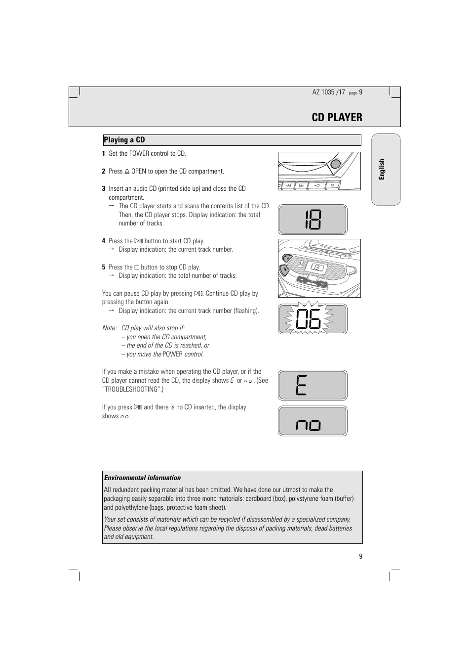 Cd player, Playing a cd | Philips AZ1035-17 User Manual | Page 9 / 42