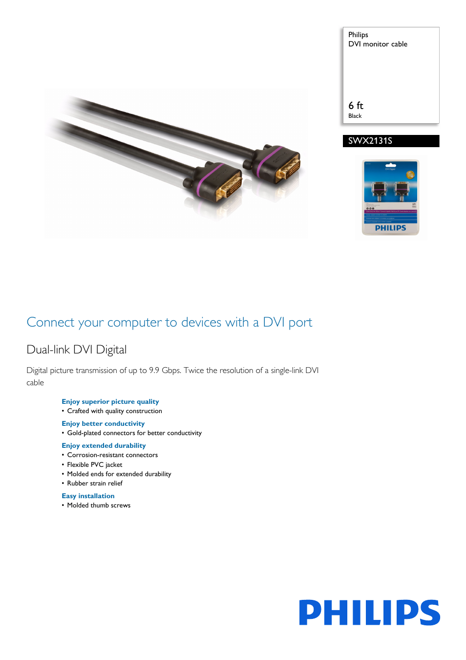 Philips DVI monitor cable SWX2131S 6 ft Black User Manual | 2 pages