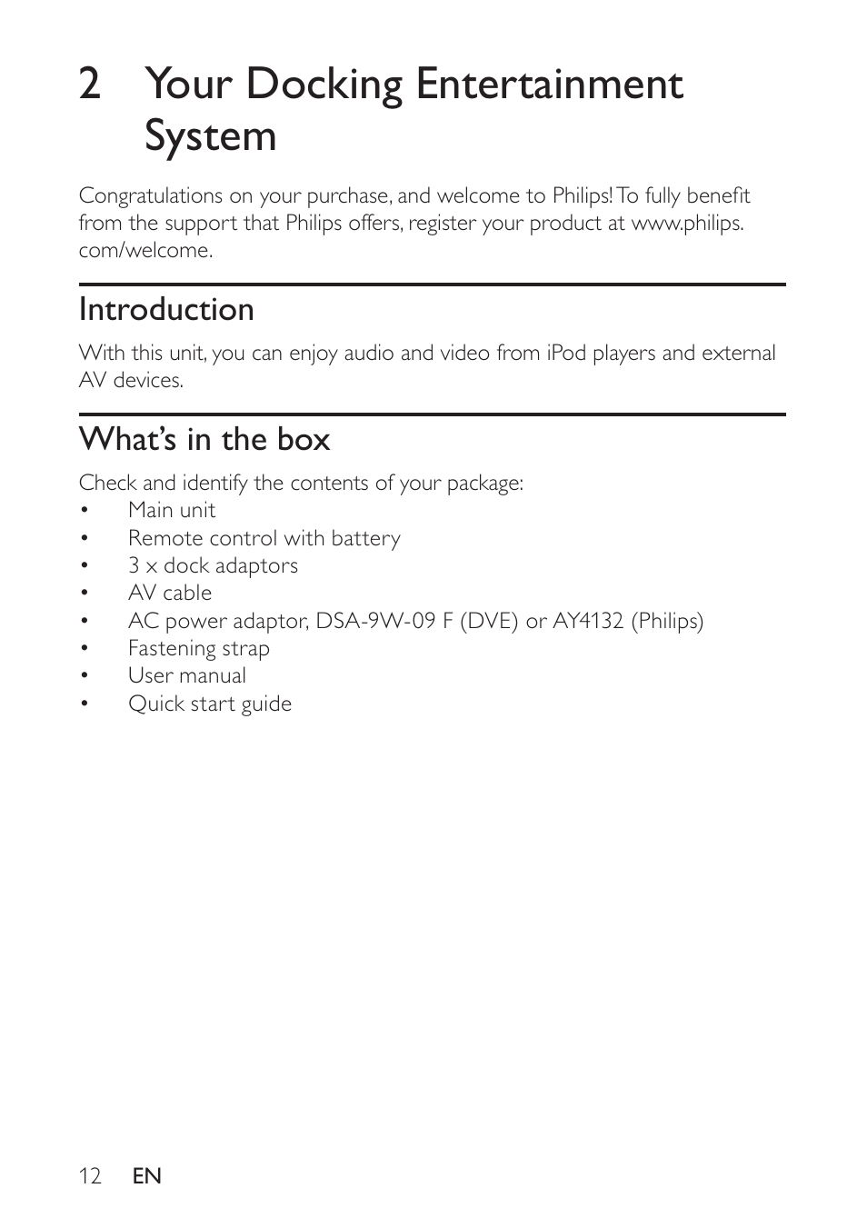 2 your docking entertainment system, Introduction, What’s in the box | Philips docking entertainment system DCP746 User Manual | Page 11 / 27