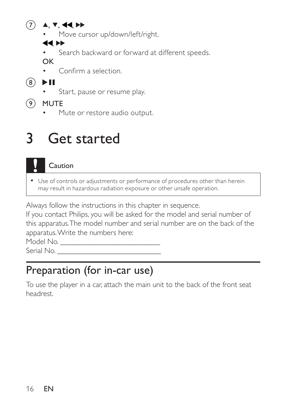 3 get started, Preparation (for in-car use) | Philips docking entertainment system DCP746 User Manual | Page 15 / 27