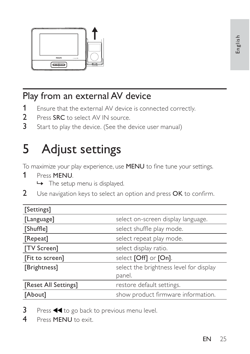 5 adjust settings, Play from an external av device | Philips docking entertainment system DCP746 User Manual | Page 24 / 27