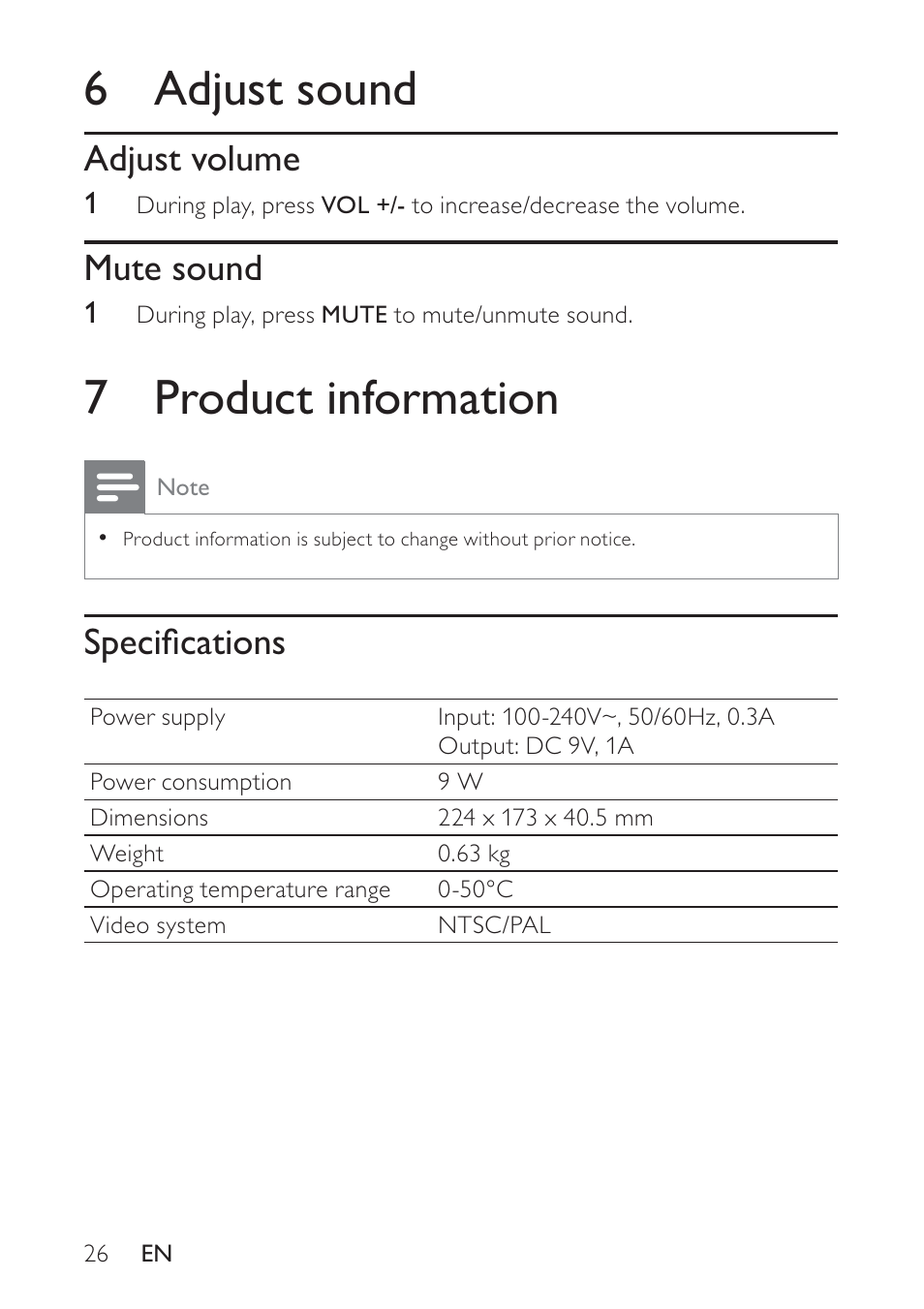 6 adjust sound, 7 product information, Adjust volume | Mute sound, Speciﬁ cations | Philips docking entertainment system DCP746 User Manual | Page 25 / 27